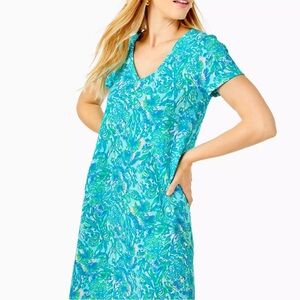 Lilly Pulitzer Etta Dress Coral of the Story Short Sleeve Green Blue Sz XS NEW